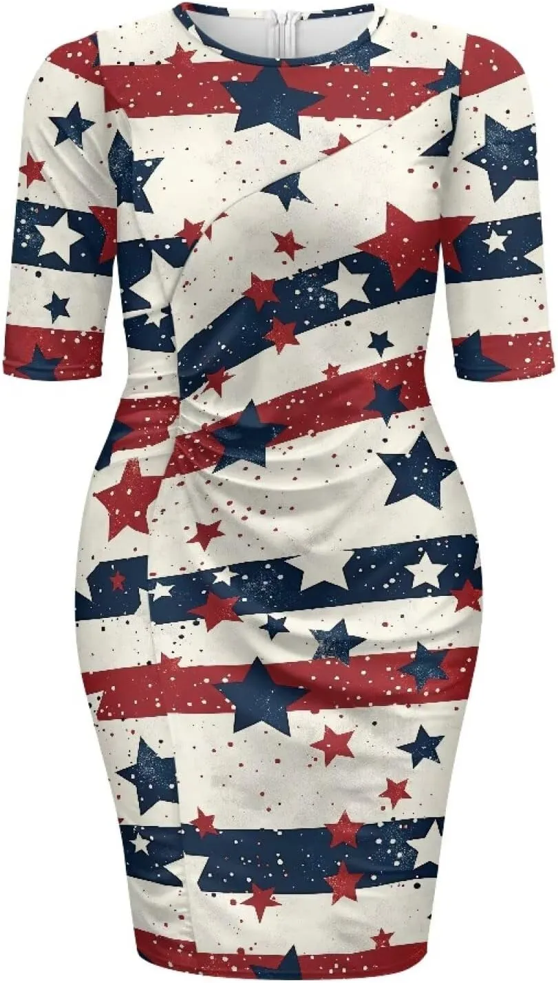Jamaican Flag Printed Women 3/4 Sleeve Pencil Midi Knee Length Bodycon Cocktail Dresses Office Work Dresses