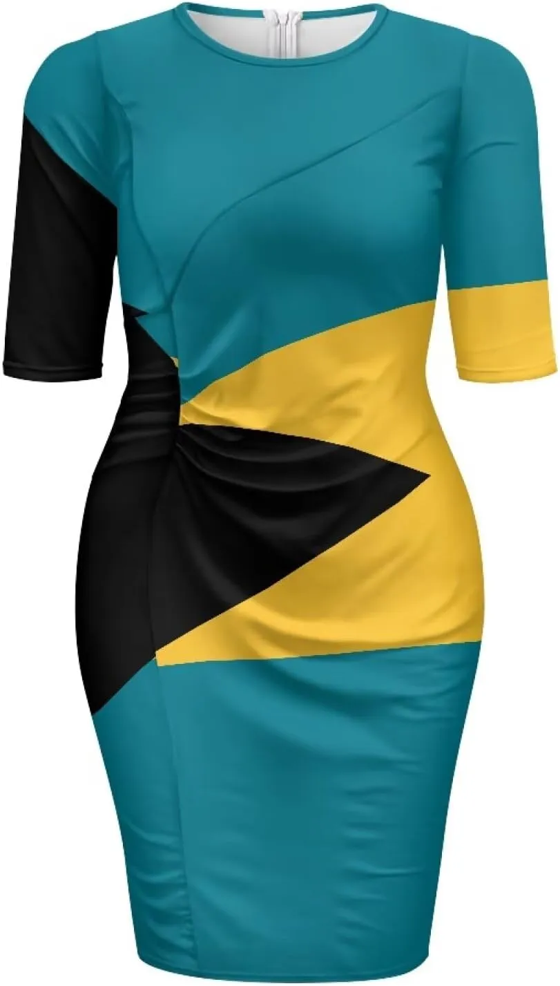 Jamaican Flag Printed Women 3/4 Sleeve Pencil Midi Knee Length Bodycon Cocktail Dresses Office Work Dresses