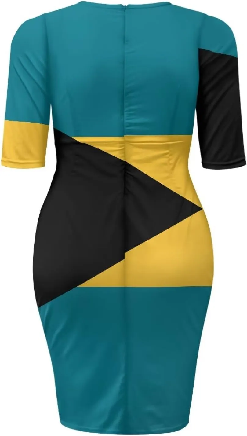 Jamaican Flag Printed Women 3/4 Sleeve Pencil Midi Knee Length Bodycon Cocktail Dresses Office Work Dresses
