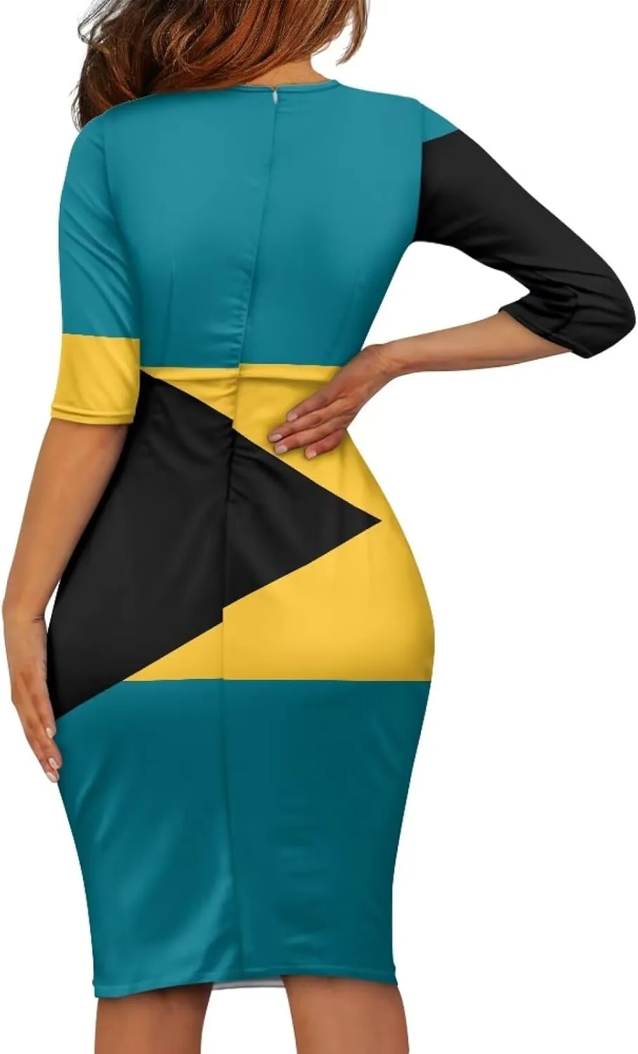 Jamaican Flag Printed Women 3/4 Sleeve Pencil Midi Knee Length Bodycon Cocktail Dresses Office Work Dresses