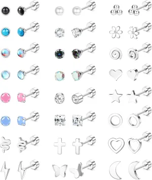 JeryWe 24 Pairs Stainless Steel Stud Earrings for Women Men Hypoallergenic Flat Back Stud Earrings Small CZ Opal Moonstone Turquoise Heart Butterfly Flower Star Flatback Earrings 20G Cartilage Helix Earrings Piercing Jewelry