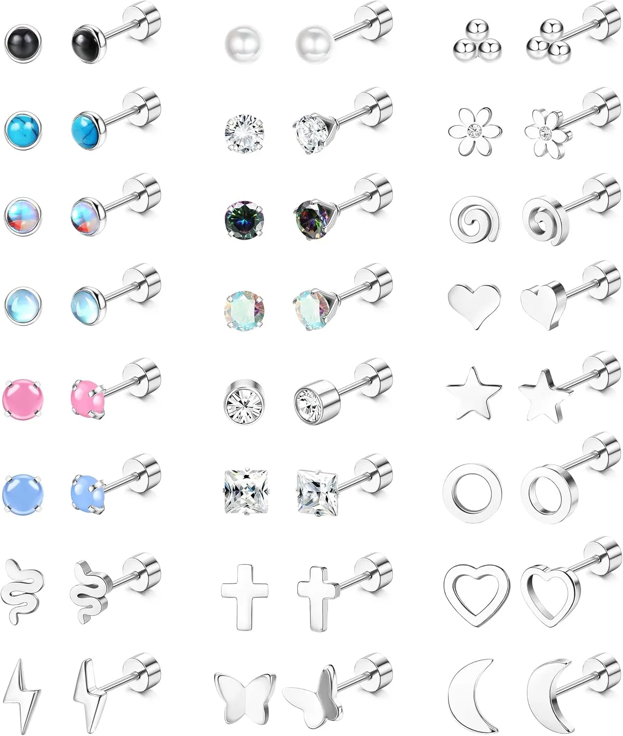 JeryWe 24 Pairs Stainless Steel Stud Earrings for Women Men Hypoallergenic Flat Back Stud Earrings Small CZ Opal Moonstone Turquoise Heart Butterfly Flower Star Flatback Earrings 20G Cartilage Helix Earrings Piercing Jewelry