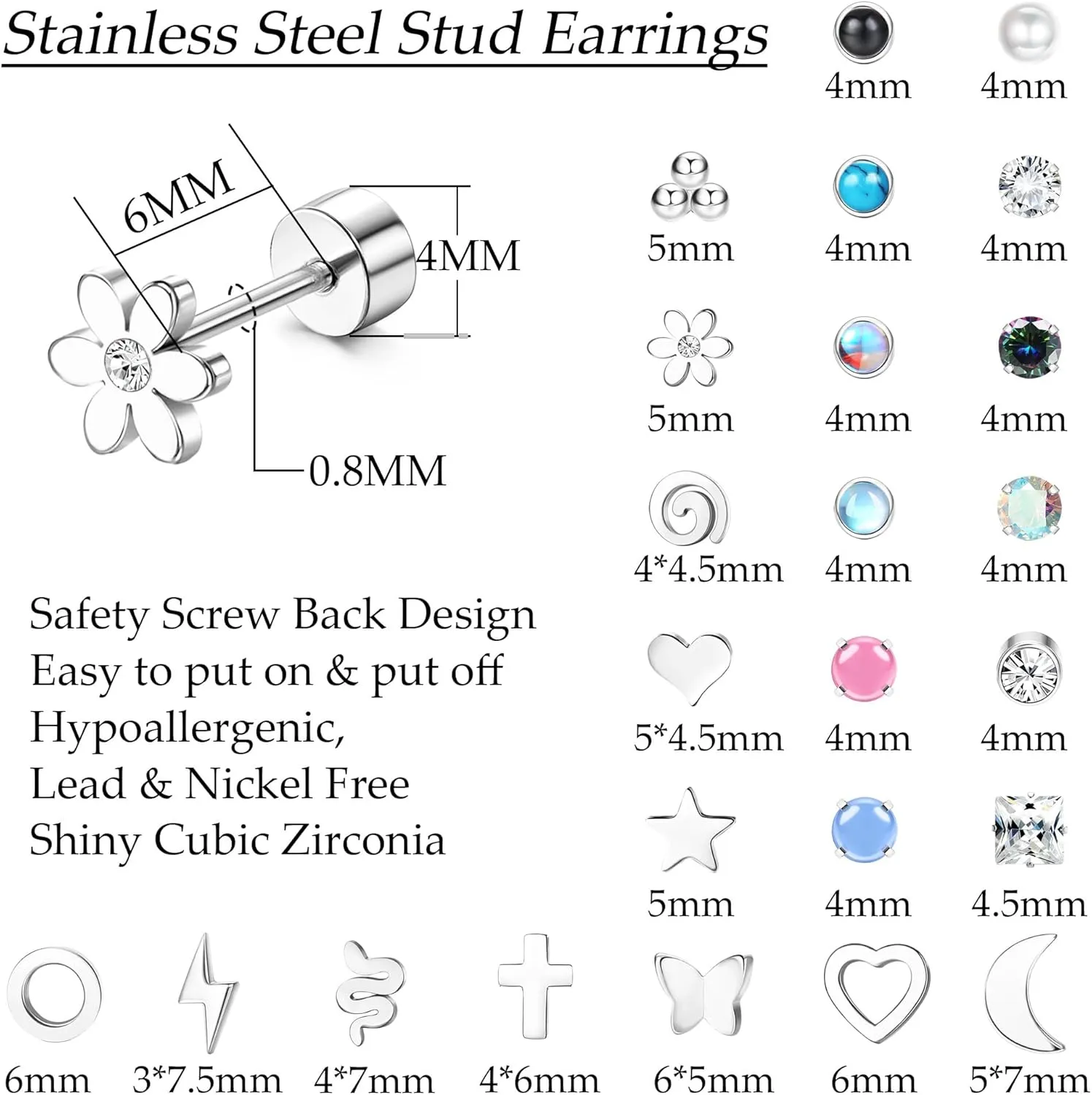 JeryWe 24 Pairs Stainless Steel Stud Earrings for Women Men Hypoallergenic Flat Back Stud Earrings Small CZ Opal Moonstone Turquoise Heart Butterfly Flower Star Flatback Earrings 20G Cartilage Helix Earrings Piercing Jewelry