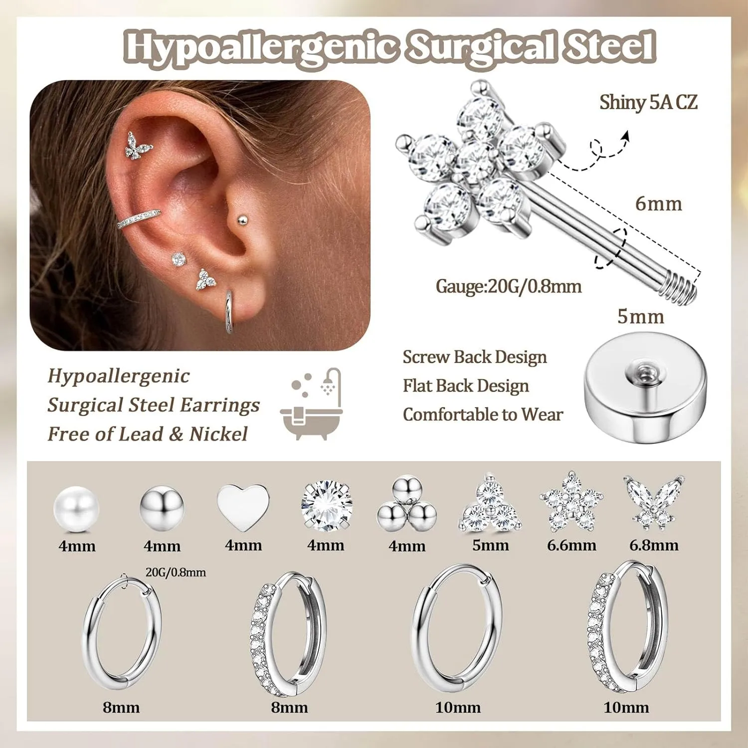 Jstyle Hypoallergenic Gold Stud Hoop Earrings for Women Men Surgical Stainless Steel Flat Back Earrings Small 14K Gold Huggie Hoops Cartilage Earring Set for Multiple Piercing Jewelry Gifts for Women