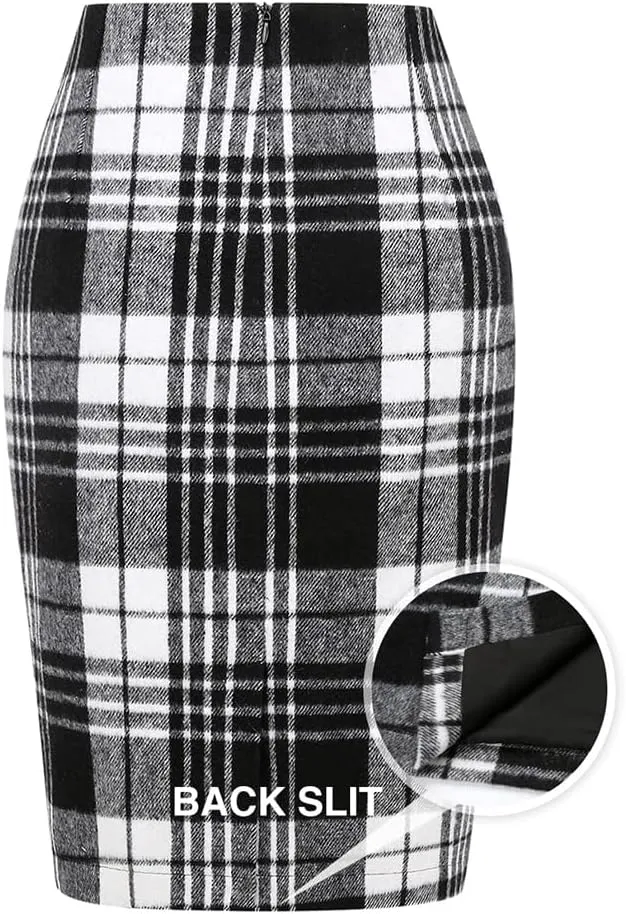 Kinghua Womens Wool Plaid Pencil Skirt Fall Winter High Waisted Slit Bodycon Knee Length Midi Skirt
