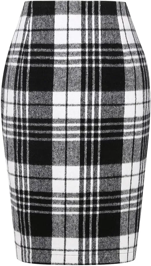 Kinghua Womens Wool Plaid Pencil Skirt Fall Winter High Waisted Slit Bodycon Knee Length Midi Skirt