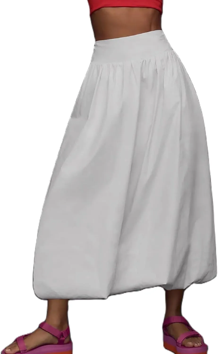 KMBANGI Y2k Women Bubble Maxi Skirt Elastic Smocked Waist Casual Pleated Long Skirts Ruffle Balloon Midi Skirt Streetwear