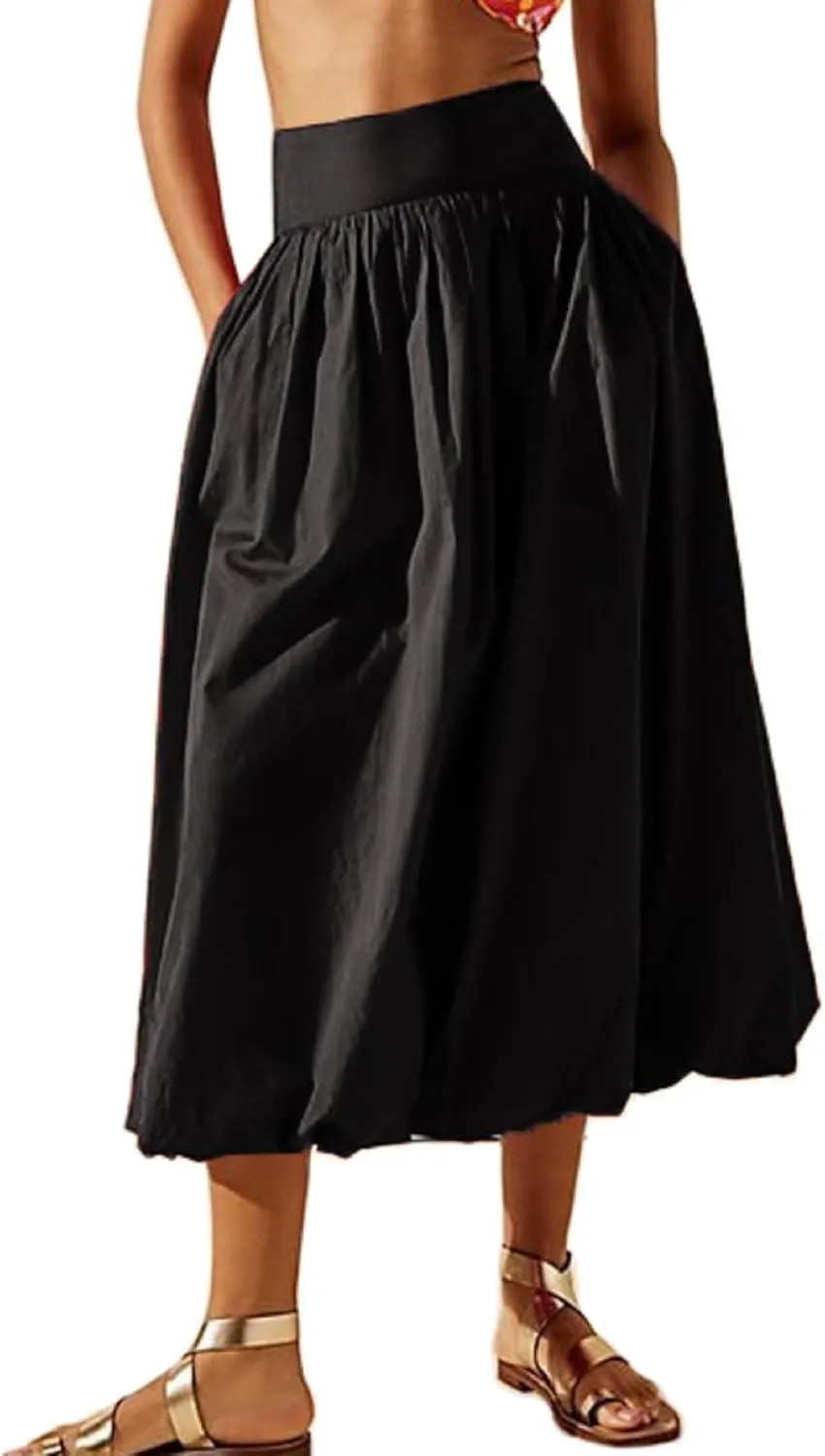 KMBANGI Y2k Women Bubble Maxi Skirt Elastic Smocked Waist Casual Pleated Long Skirts Ruffle Balloon Midi Skirt Streetwear