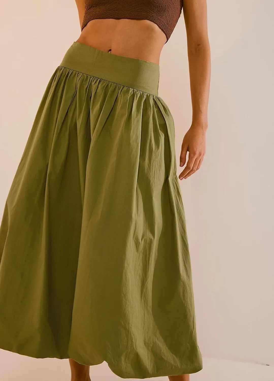 KMBANGI Y2k Women Bubble Maxi Skirt Elastic Smocked Waist Casual Pleated Long Skirts Ruffle Balloon Midi Skirt Streetwear