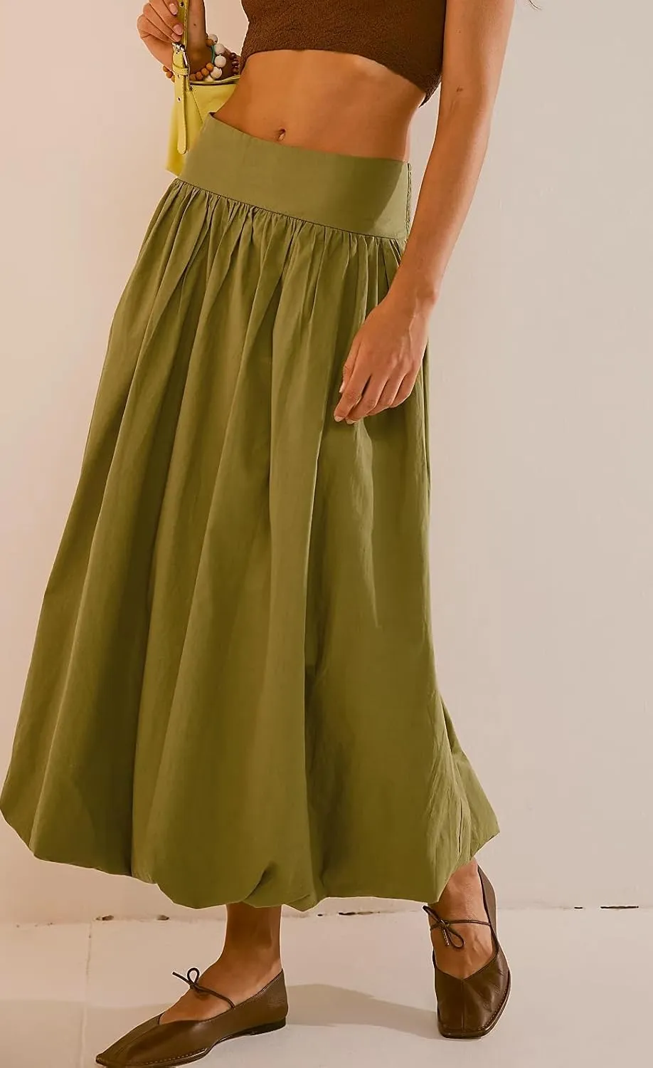 KMBANGI Y2k Women Bubble Maxi Skirt Elastic Smocked Waist Casual Pleated Long Skirts Ruffle Balloon Midi Skirt Streetwear