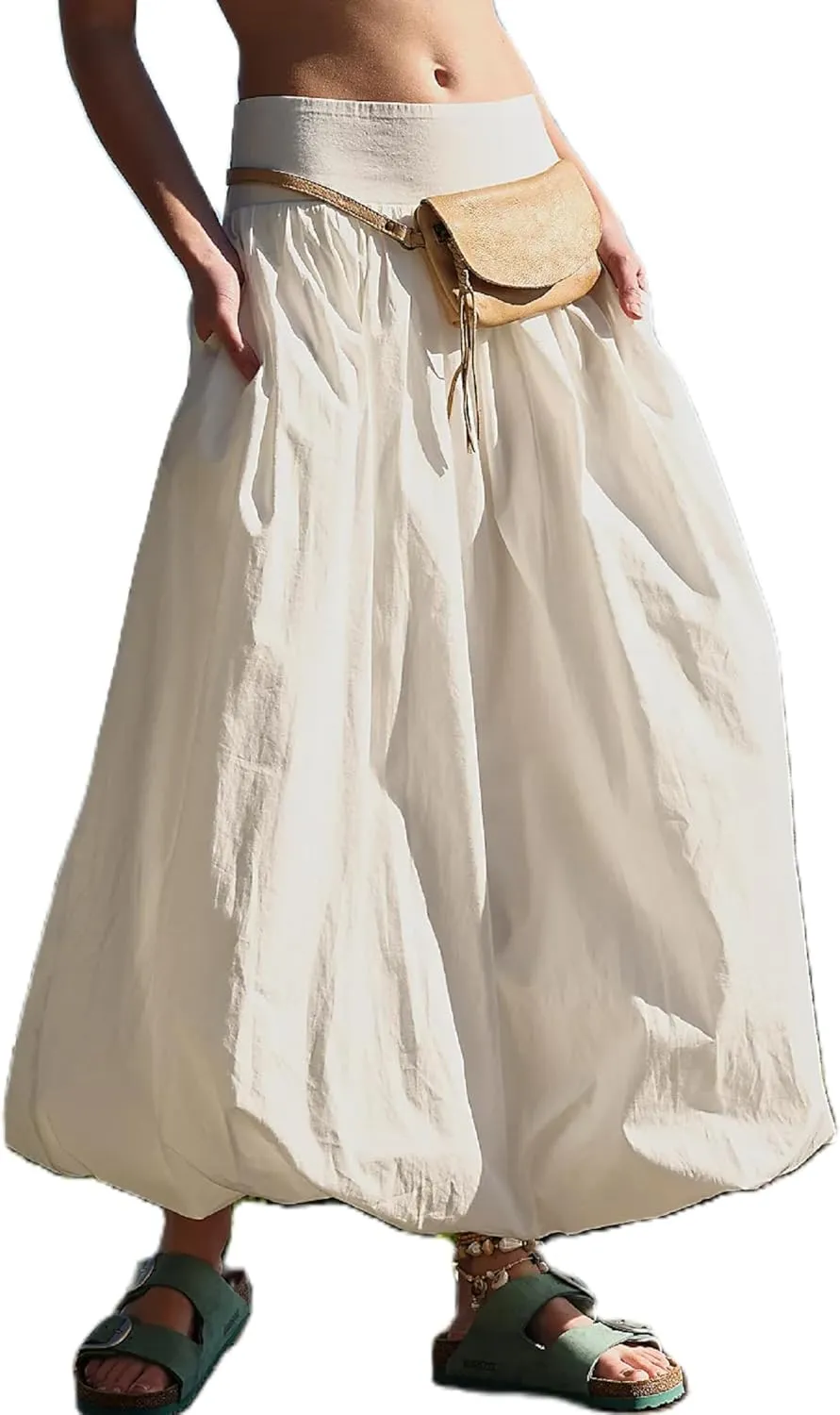 KMBANGI Y2k Women Bubble Maxi Skirt Elastic Smocked Waist Casual Pleated Long Skirts Ruffle Balloon Midi Skirt Streetwear