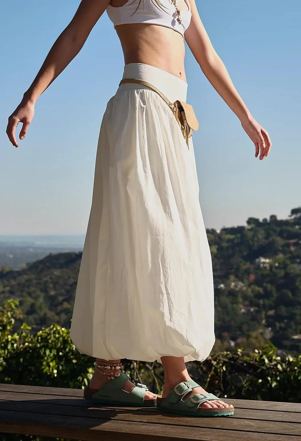 KMBANGI Y2k Women Bubble Maxi Skirt Elastic Smocked Waist Casual Pleated Long Skirts Ruffle Balloon Midi Skirt Streetwear
