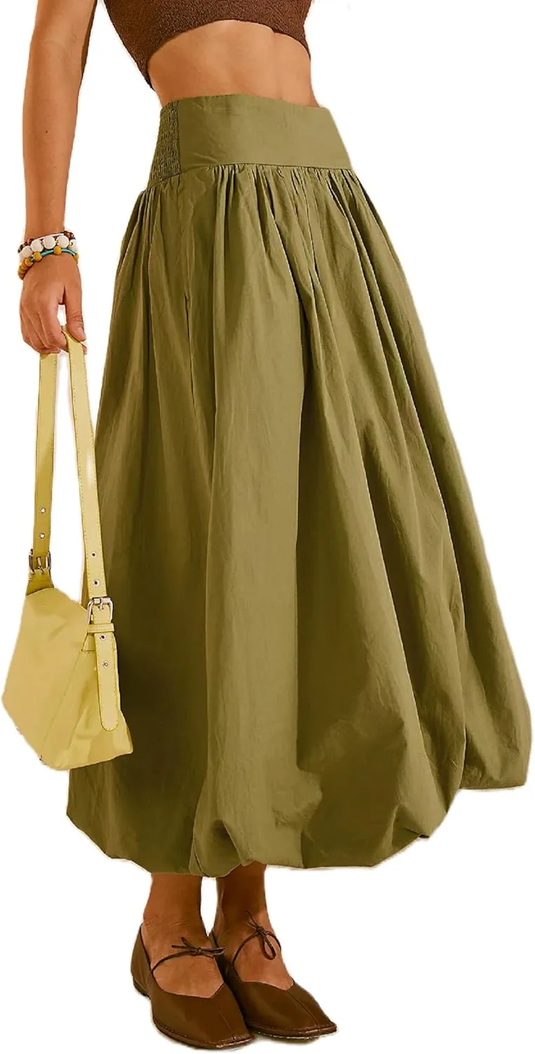 KMBANGI Y2k Women Bubble Maxi Skirt Elastic Smocked Waist Casual Pleated Long Skirts Ruffle Balloon Midi Skirt Streetwear