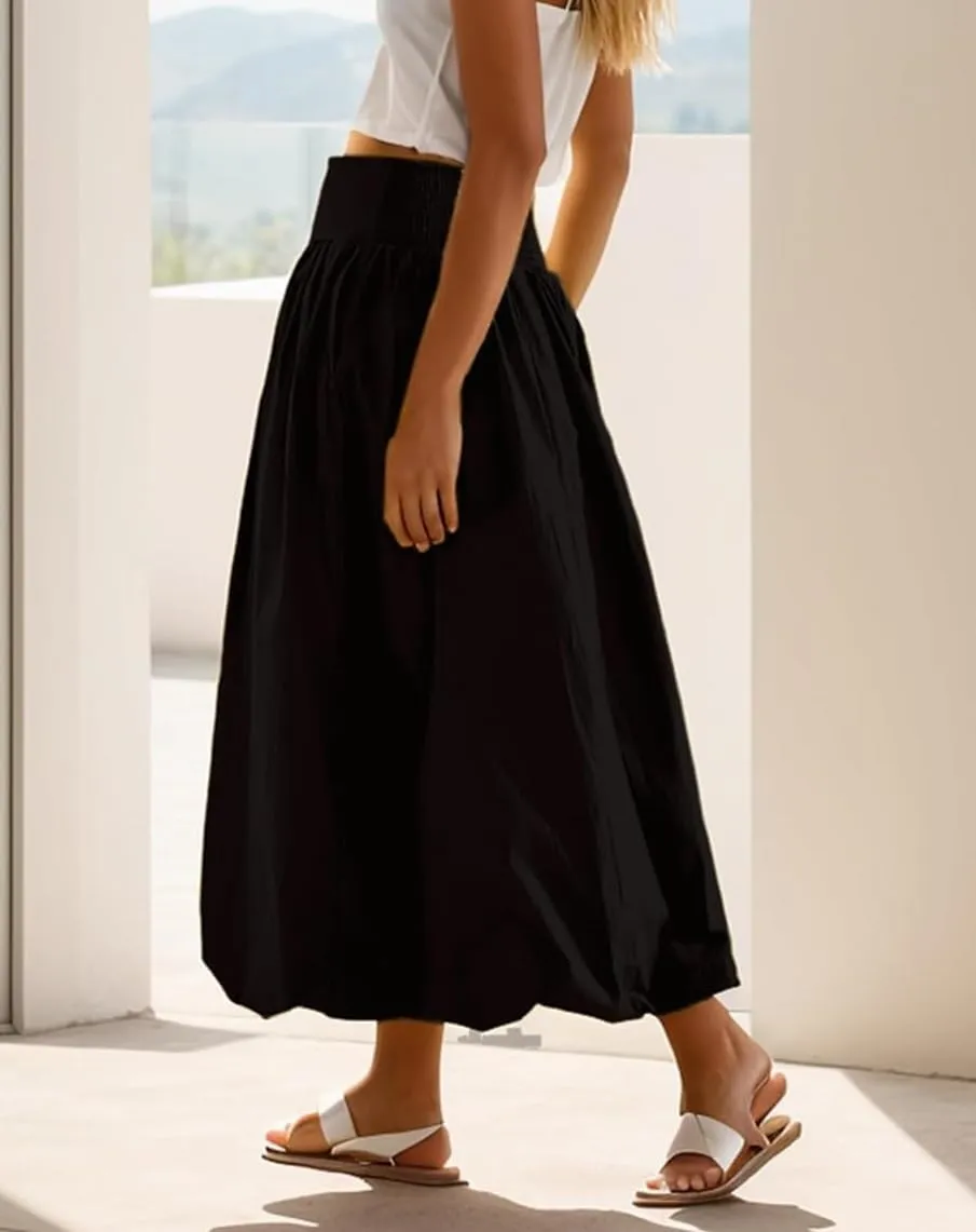 KMBANGI Y2k Women Bubble Maxi Skirt Elastic Smocked Waist Casual Pleated Long Skirts Ruffle Balloon Midi Skirt Streetwear