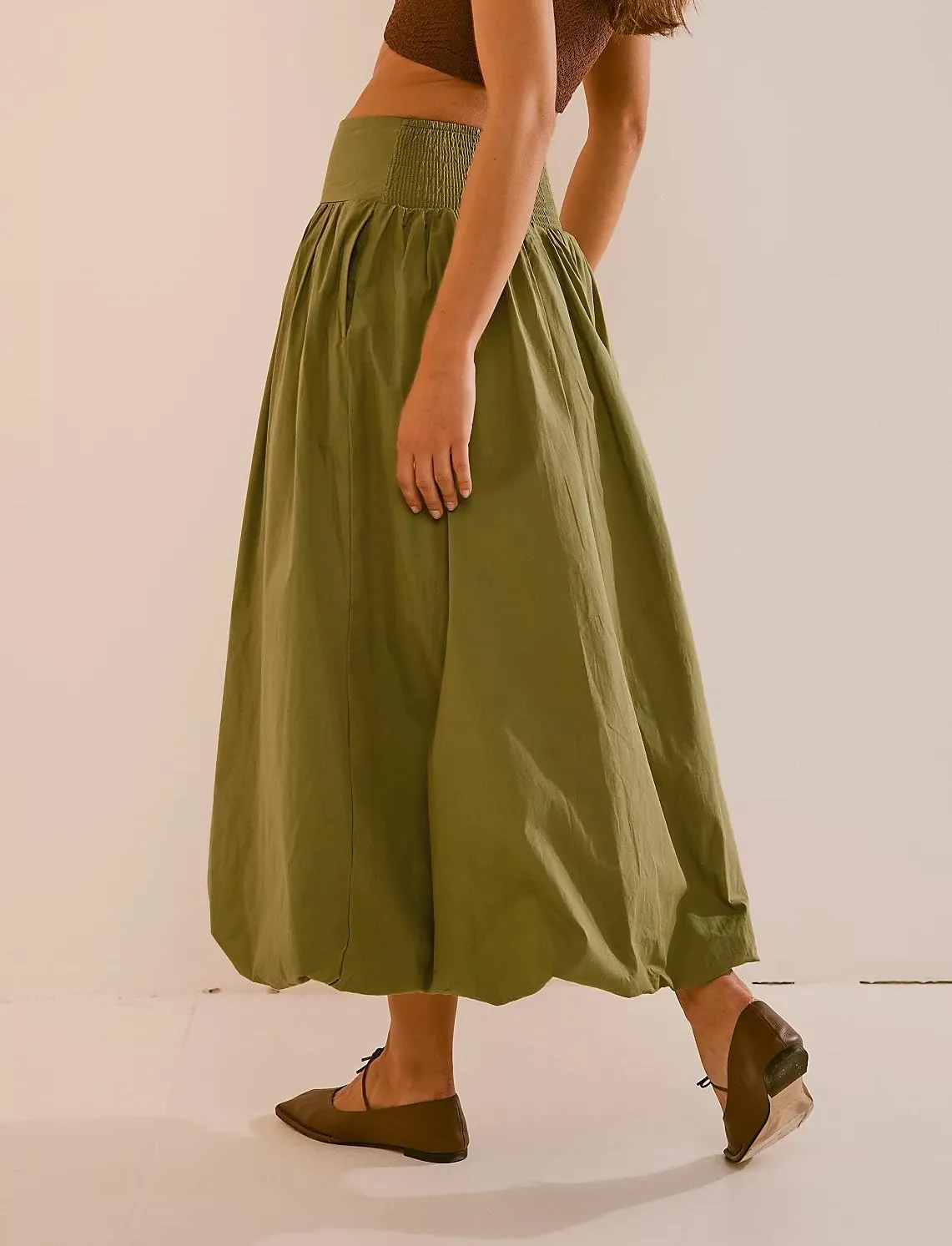 KMBANGI Y2k Women Bubble Maxi Skirt Elastic Smocked Waist Casual Pleated Long Skirts Ruffle Balloon Midi Skirt Streetwear