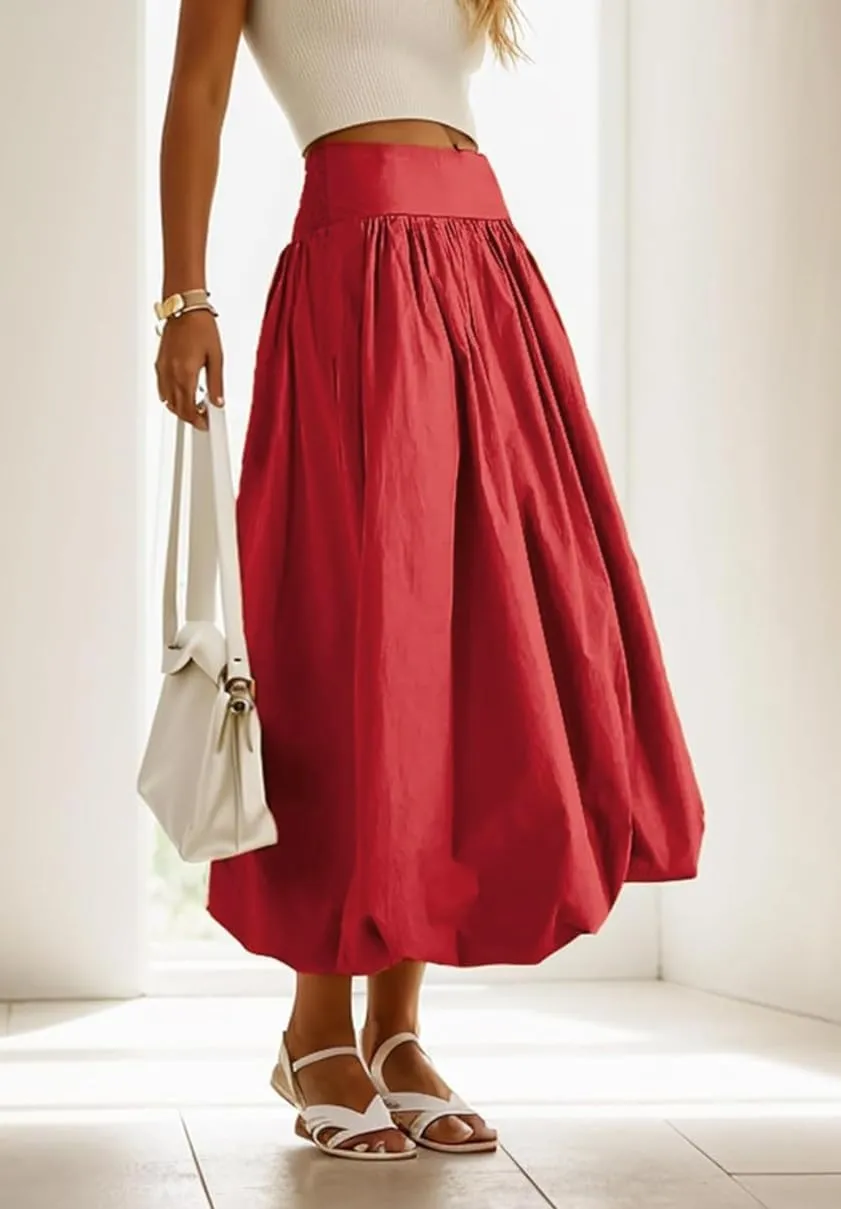 KMBANGI Y2k Women Bubble Maxi Skirt Elastic Smocked Waist Casual Pleated Long Skirts Ruffle Balloon Midi Skirt Streetwear