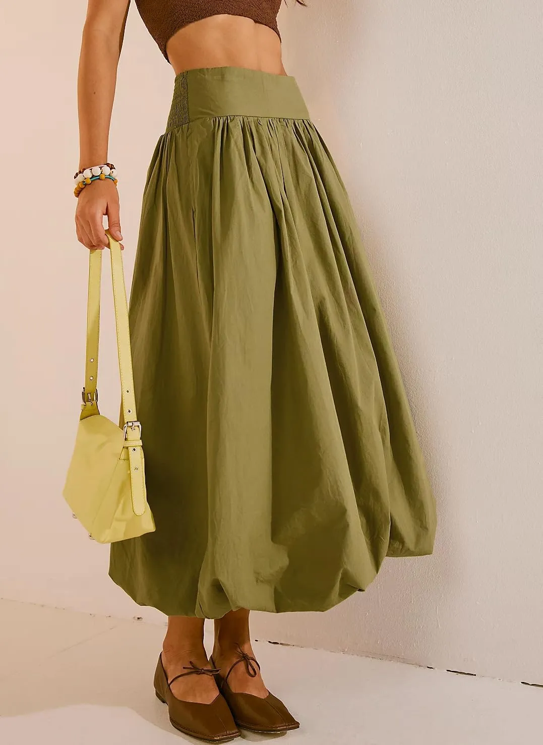 KMBANGI Y2k Women Bubble Maxi Skirt Elastic Smocked Waist Casual Pleated Long Skirts Ruffle Balloon Midi Skirt Streetwear