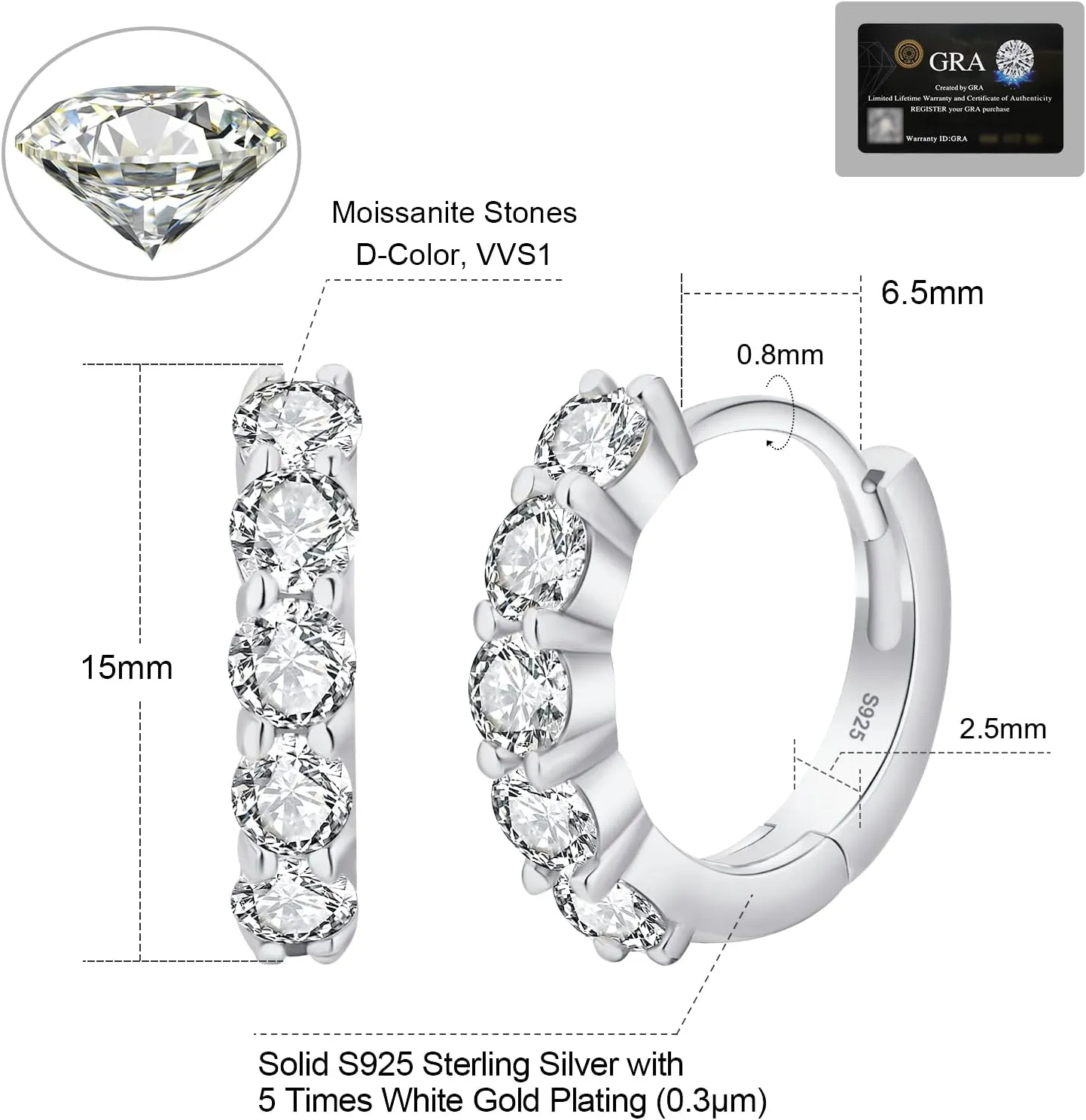 KRKC&CO Moissanite Hoops Earrings for Men, D Color, VVS1, S925 Sterling Silver, Gold Plated Hoops, Brilliant Round For Him,     