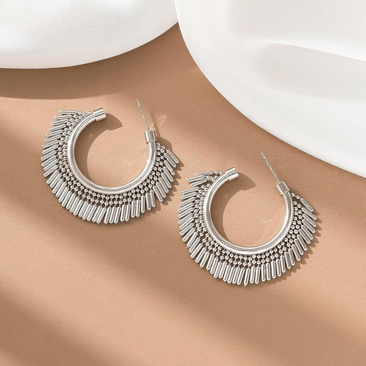 Large Open Hoop Dangle Earrings for Women,Boho Fringe Chunky Silver Hoops Big Formal Earring For Party