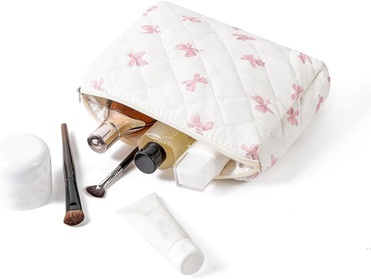 Large Quilted Cotton Makeup Bag Cosmetic Bag for Women, Cute Large Floral Cotton Travel Cosmetic Bag, Zipper Toiletry Bag Makeup Organizer Storage Bag (Pink Bow Tie)