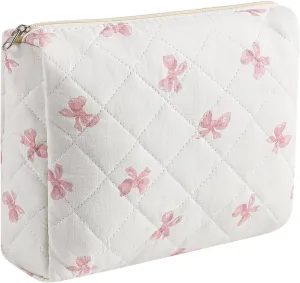 Large Quilted Cotton Makeup Bag Cosmetic Bag for Women, Cute Large Floral Cotton Travel Cosmetic Bag, Zipper Toiletry Bag Makeup Organizer Storage Bag (Pink Bow Tie)