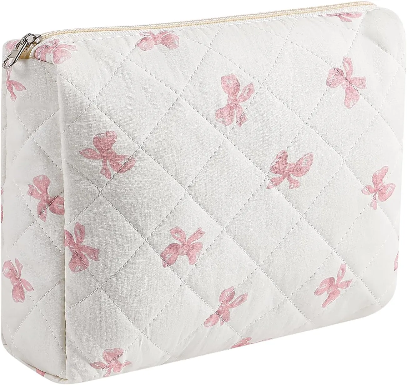 Large Quilted Cotton Makeup Bag Cosmetic Bag for Women, Cute Large Floral Cotton Travel Cosmetic Bag, Zipper Toiletry Bag Makeup Organizer Storage Bag (Pink Bow Tie)