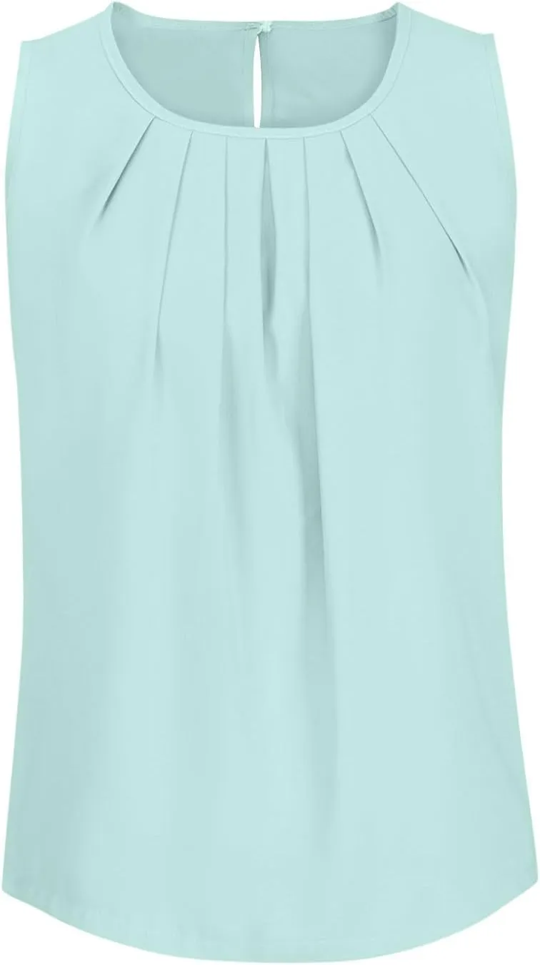 Lastesso Tank Top for Women Summer Vacation Tank Tops Pleated Round Neck Sleeveless Tops Casual Relaxed Fit Flowy Blouses