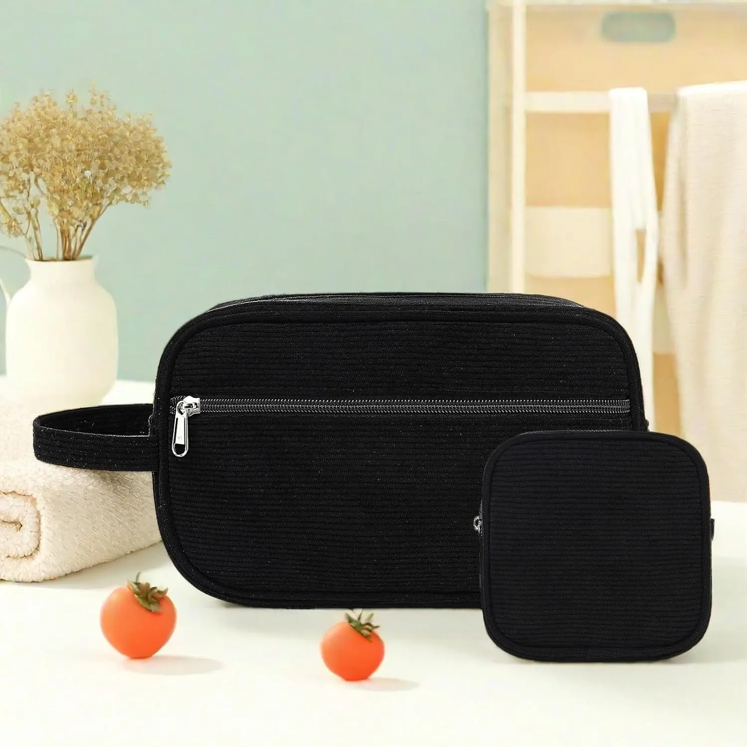 LEDAOU 2Pcs Large Makeup Bag Cosmetic Bag Small Corduroy Makeup Pouch with Zipper Cute Travel Toiletry Essentials for Women Teen Girls