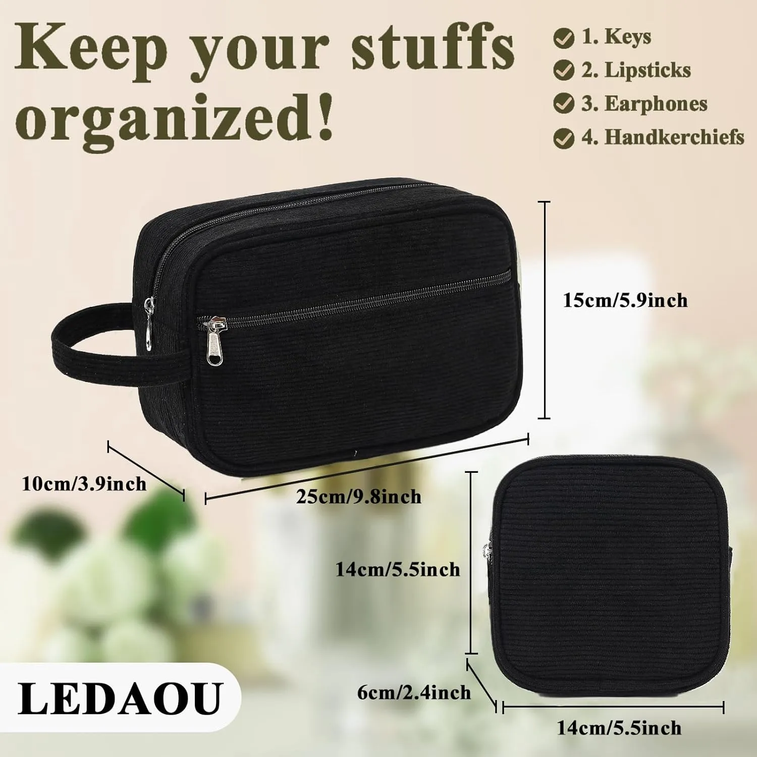 LEDAOU 2Pcs Large Makeup Bag Cosmetic Bag Small Corduroy Makeup Pouch with Zipper Cute Travel Toiletry Essentials for Women Teen Girls