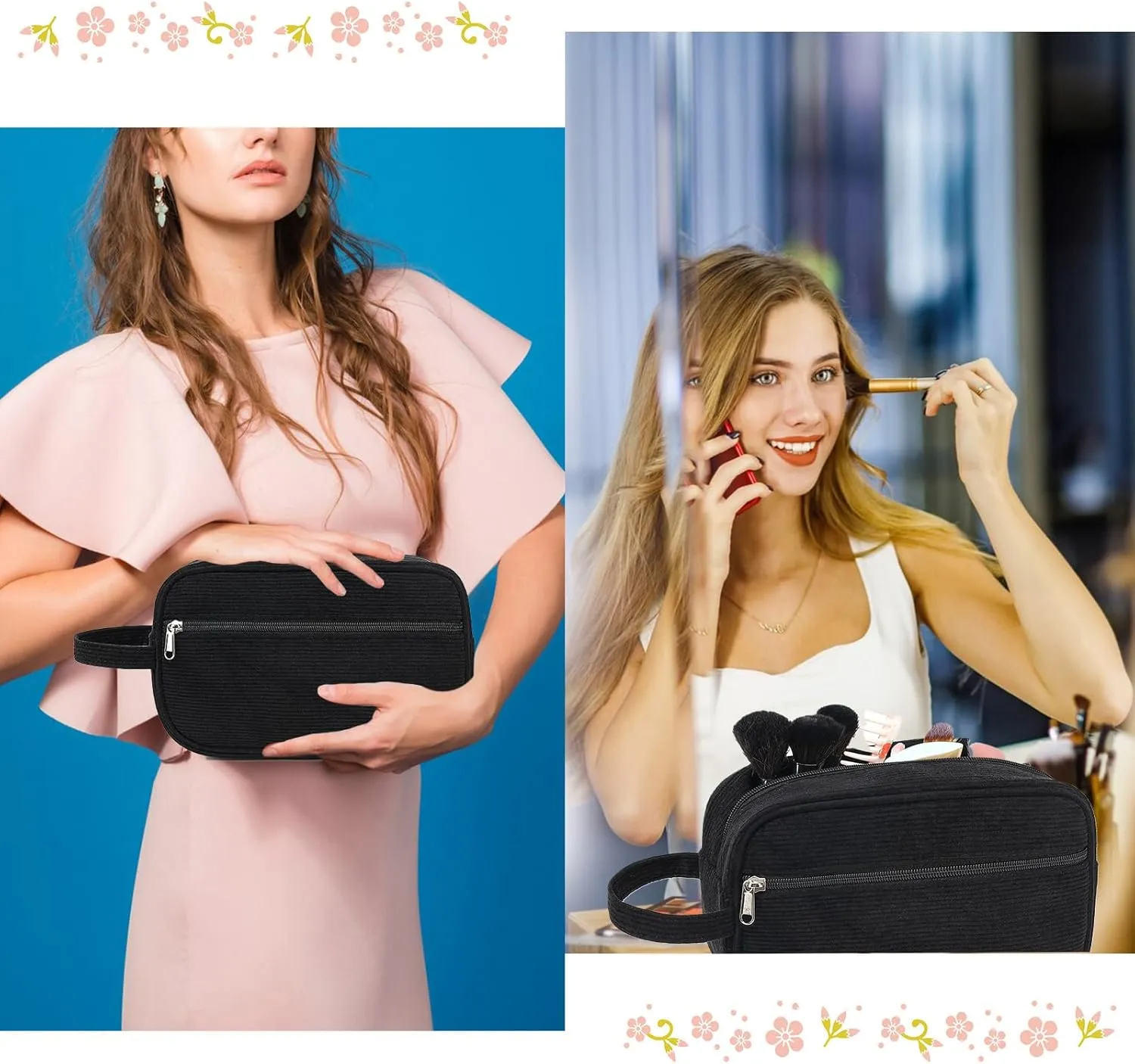 LEDAOU 2Pcs Large Makeup Bag Cosmetic Bag Small Corduroy Makeup Pouch with Zipper Cute Travel Toiletry Essentials for Women Teen Girls
