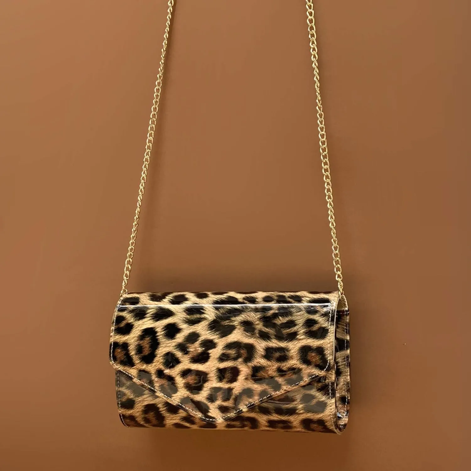 Leopard Evening Handbag Women Envelope Clutch Patent Leather Glossy Purse with Shoulder Chain Strap (Brown Leopard)