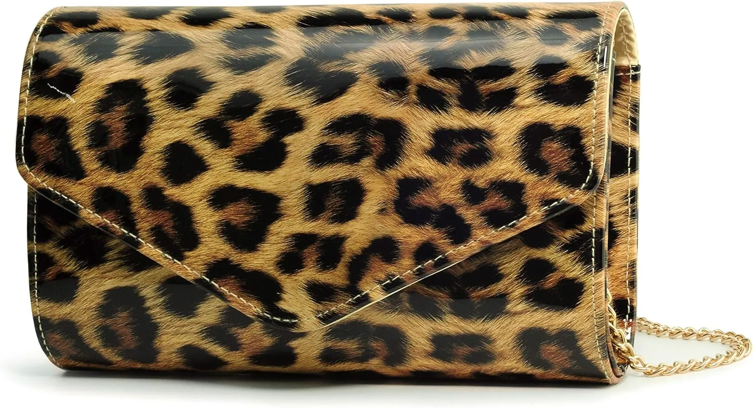 Leopard Evening Handbag Women Envelope Clutch Patent Leather Glossy Purse with Shoulder Chain Strap (Brown Leopard)