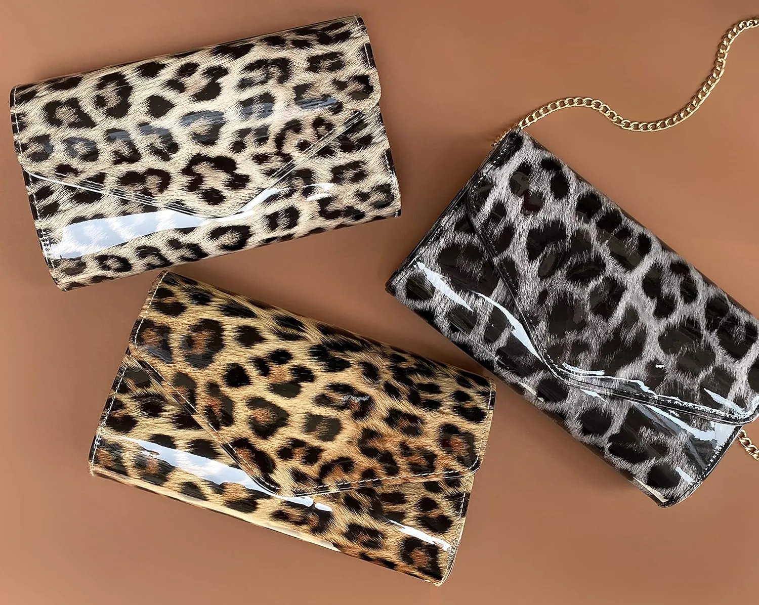 Leopard Evening Handbag Women Envelope Clutch Patent Leather Glossy Purse with Shoulder Chain Strap (Brown Leopard)
