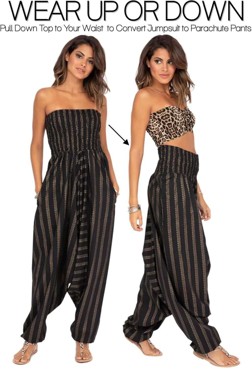 likemary Harem Pants Women Jumpsuits ?C Maxi Romper Pulls Down into Boho Print Cotton Pants ?C One Size 2-in-1 Outfit & Pockets