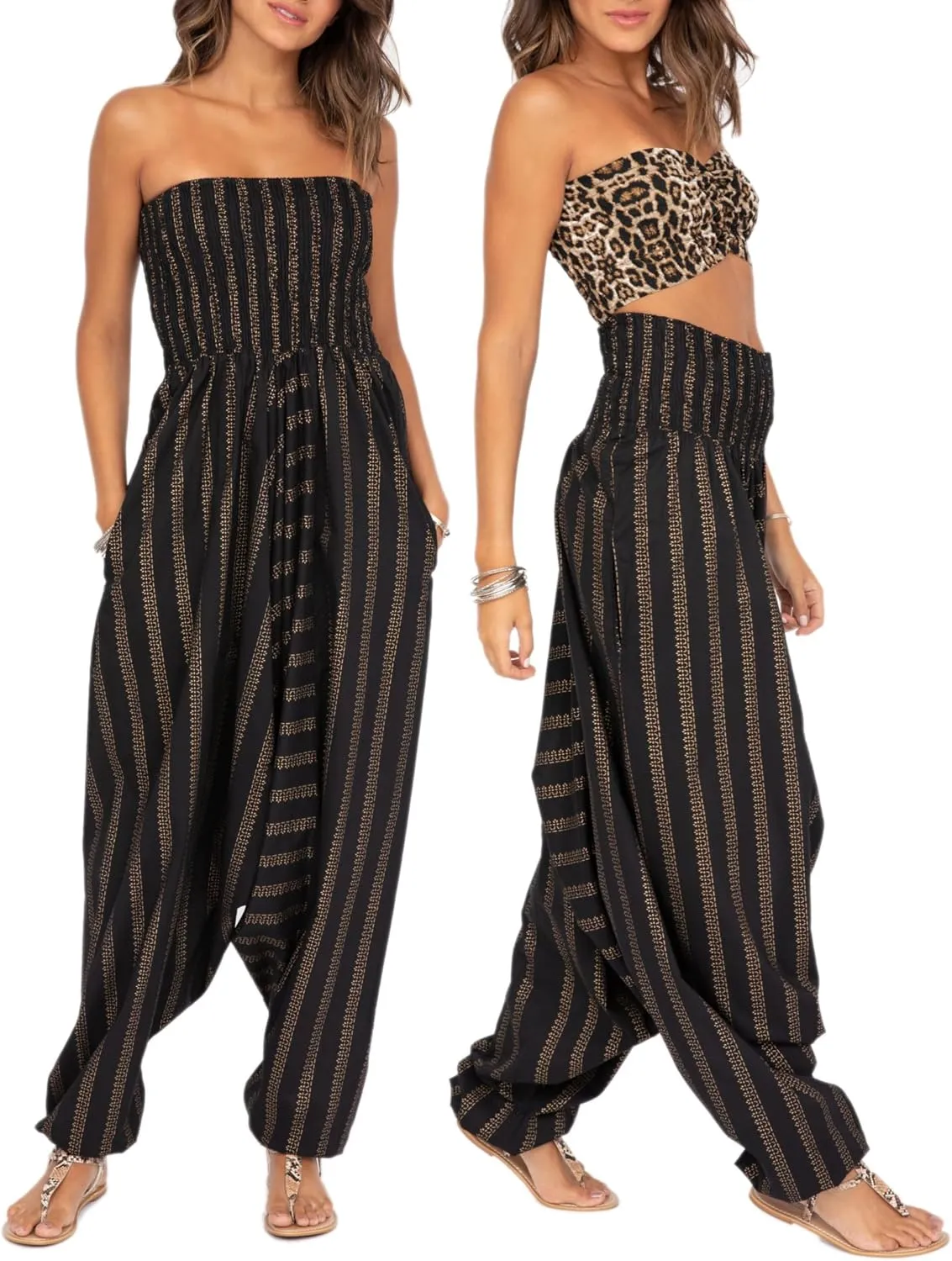 likemary Harem Pants Women Jumpsuits ?C Maxi Romper Pulls Down into Boho Print Cotton Pants ?C One Size 2-in-1 Outfit & Pockets