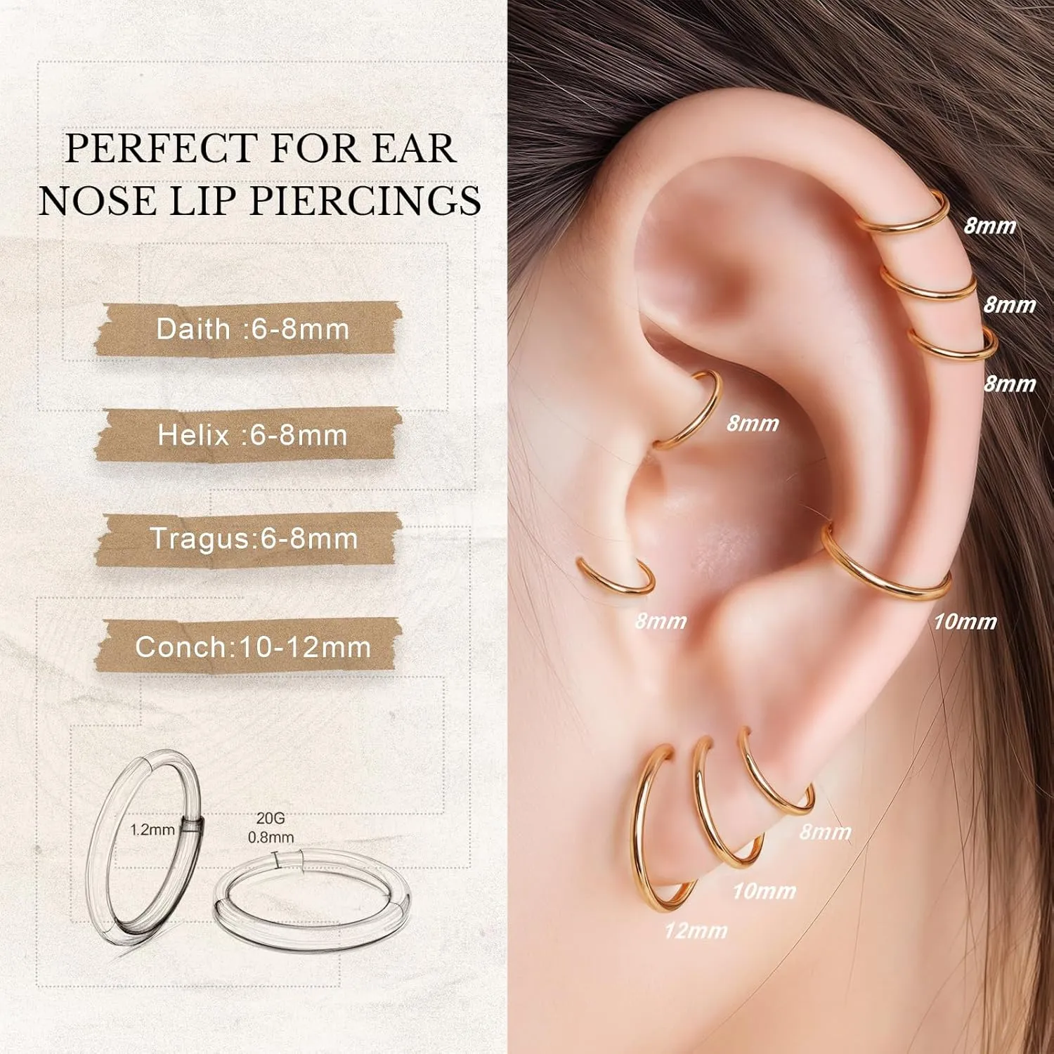 limerencia Small Hoop Earrings for Women, Hypoallergenic Titanium Huggie Hoop Earrings Set G23 Piercings Cartilage Earrings Set for Women Sensitive Ears (No stones Gold, 12mm)