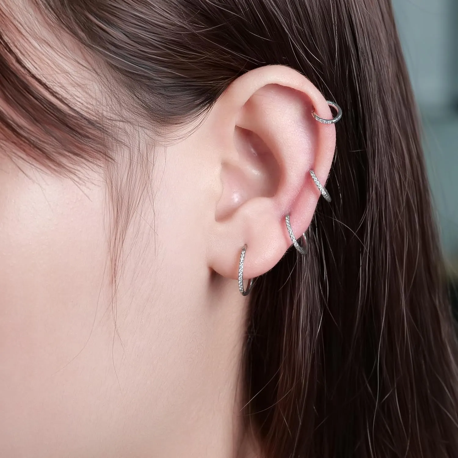 limerencia Small Hoop Earrings for Women, Hypoallergenic Titanium Huggie Hoop Earrings Set G23 Piercings Cartilage Earrings Set for Women Sensitive Ears (White CZ Silver, 6mm)