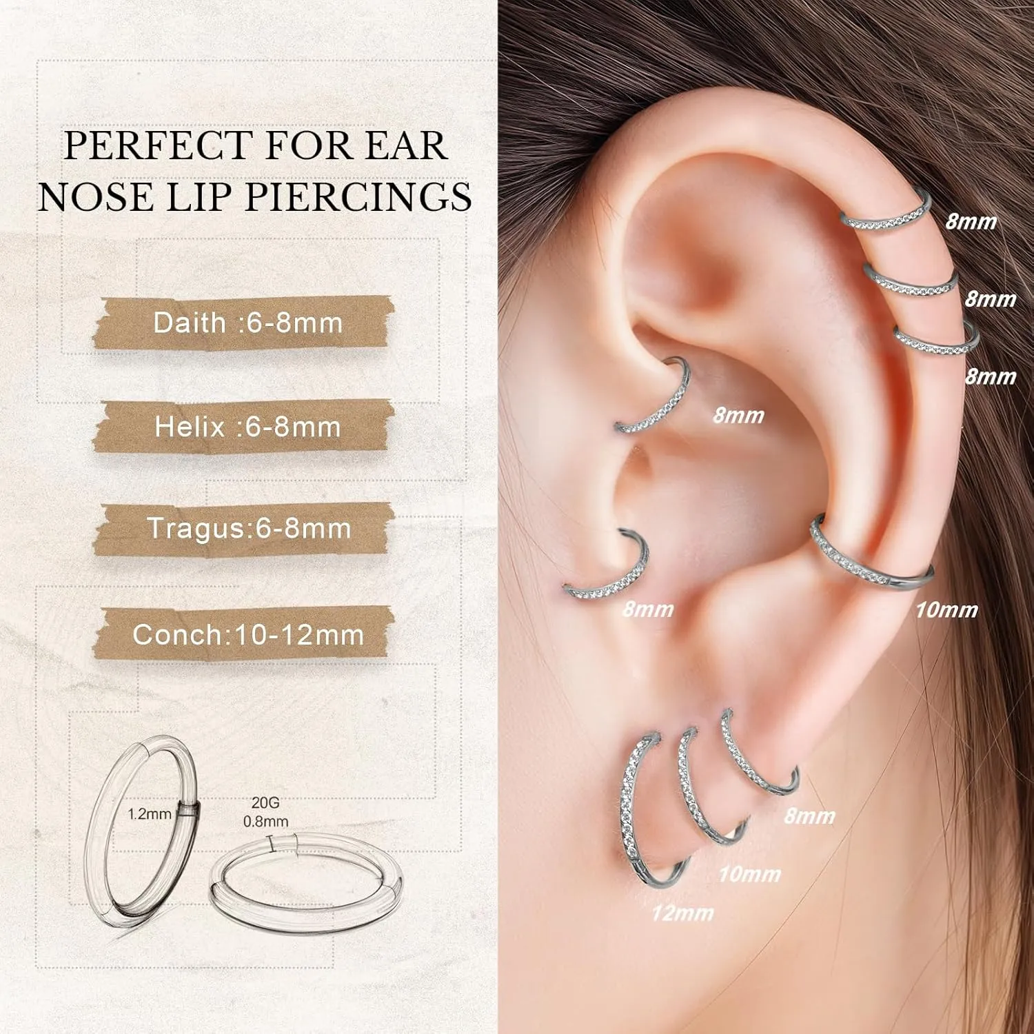 limerencia Small Hoop Earrings for Women, Hypoallergenic Titanium Huggie Hoop Earrings Set G23 Piercings Cartilage Earrings Set for Women Sensitive Ears (White CZ Silver, 6mm)