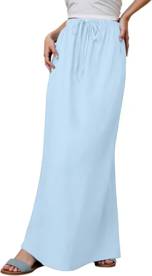 Linen Maxi Skirts for Women Trendy Flowy Boho Summer Skirt a Line Drawstring Long Skirt Vacation Bohomian Dress 2025