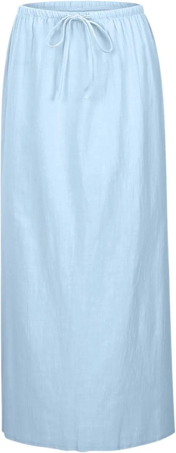 Linen Maxi Skirts for Women Trendy Flowy Boho Summer Skirt a Line Drawstring Long Skirt Vacation Bohomian Dress 2025
