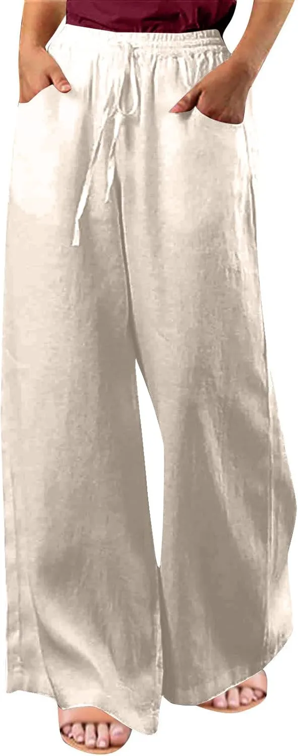 Linen Pants for Women High Waist Palazzo Pants Wide Leg Lounge Pants Drawstring Boho Beach Pants Solid Slacks