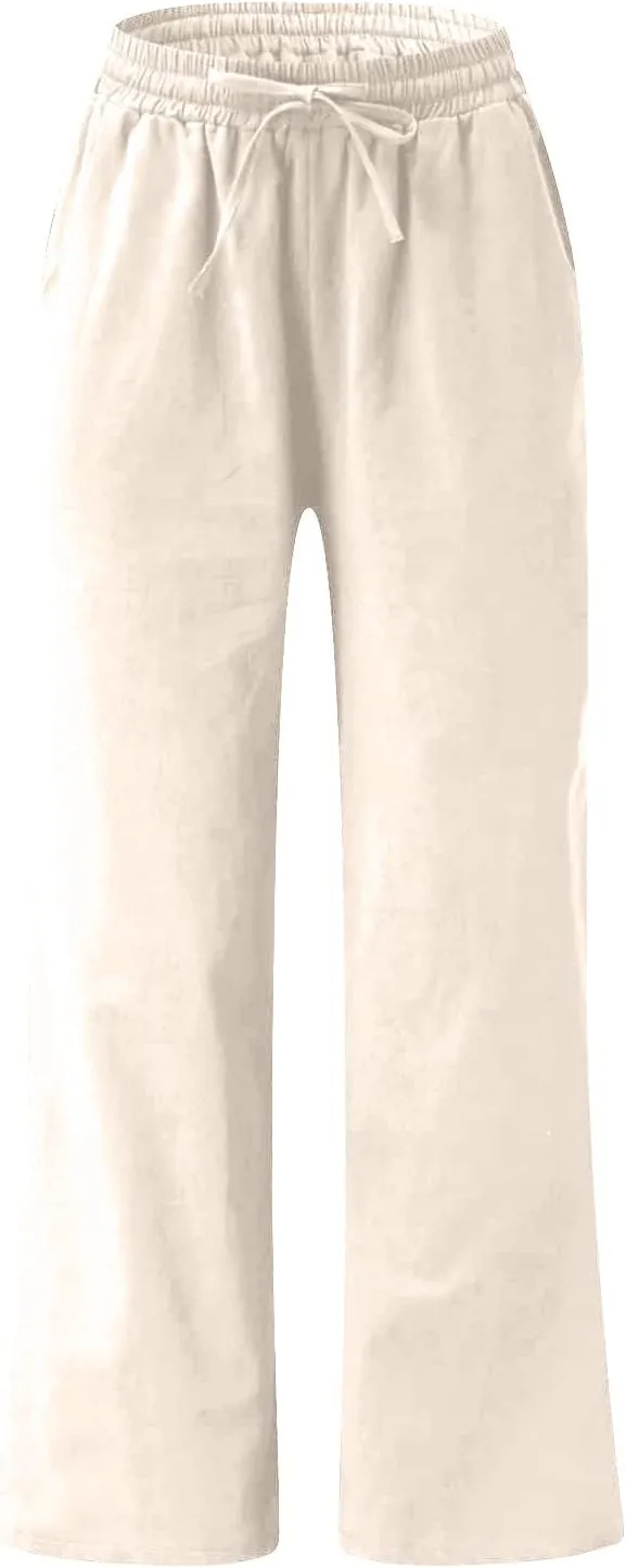 Linen Pants for Women High Waist Palazzo Pants Wide Leg Lounge Pants Drawstring Boho Beach Pants Solid Slacks