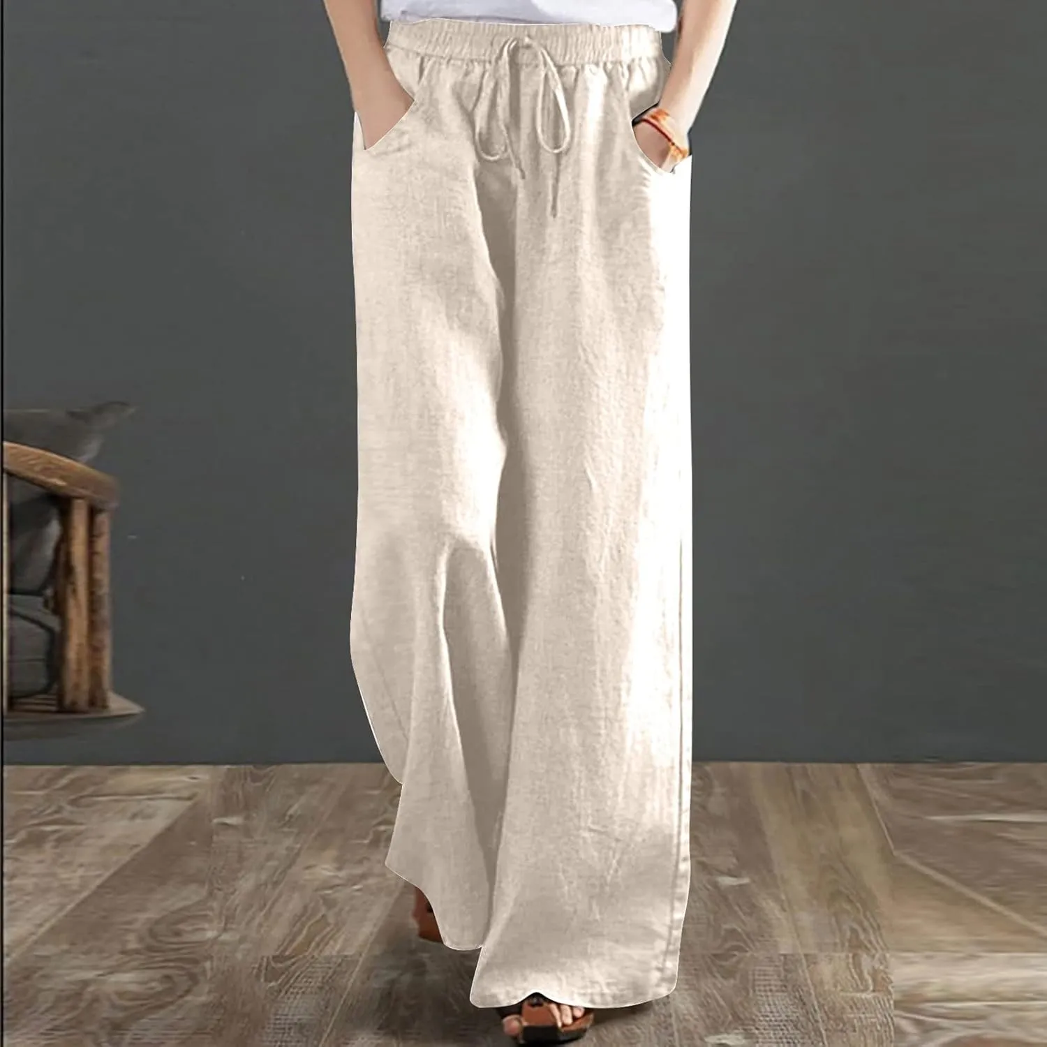 Linen Pants for Women High Waist Palazzo Pants Wide Leg Lounge Pants Drawstring Boho Beach Pants Solid Slacks