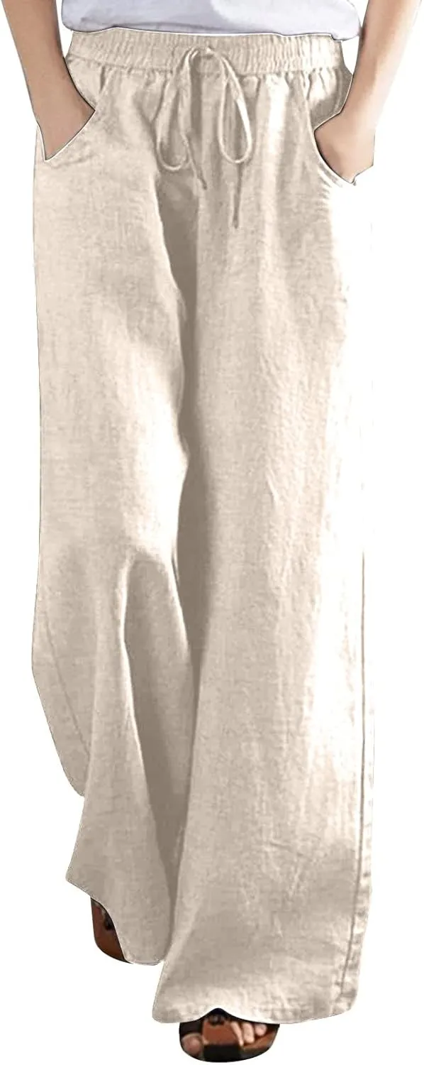 Linen Pants for Women High Waist Palazzo Pants Wide Leg Lounge Pants Drawstring Boho Beach Pants Solid Slacks