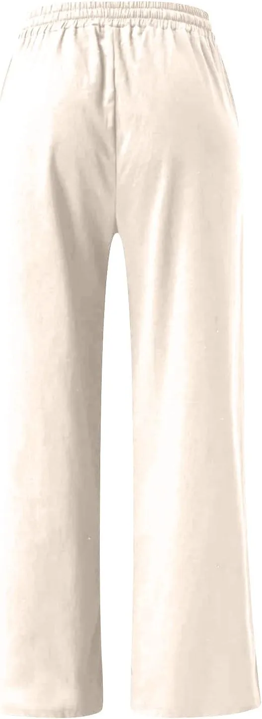 Linen Pants for Women High Waist Palazzo Pants Wide Leg Lounge Pants Drawstring Boho Beach Pants Solid Slacks