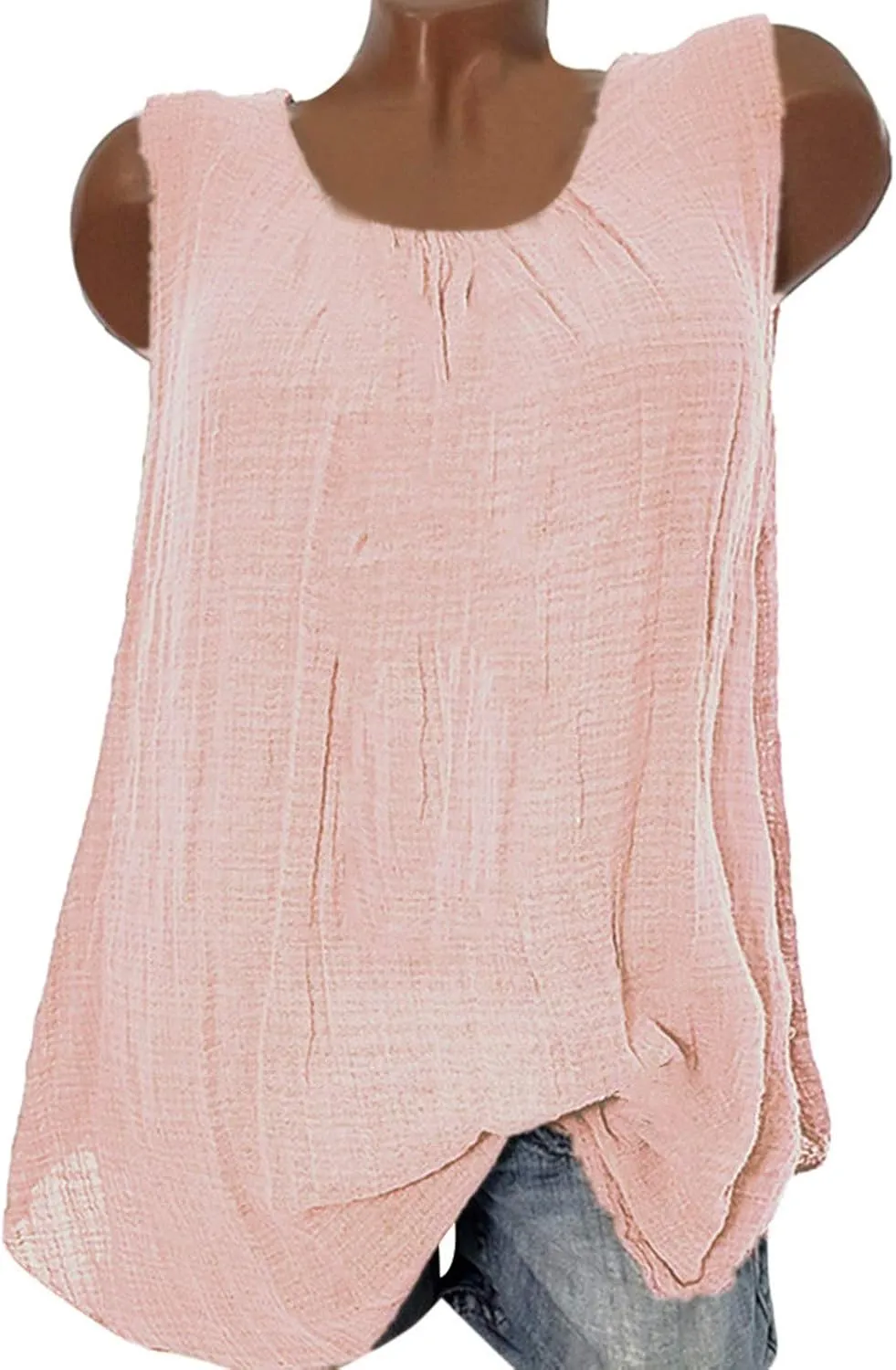 Linen Tank Tops for Women 2025 Summer Vacation Tunic Ladies Loose Sleeveless Blouse Lightweight Round Neck Shirts