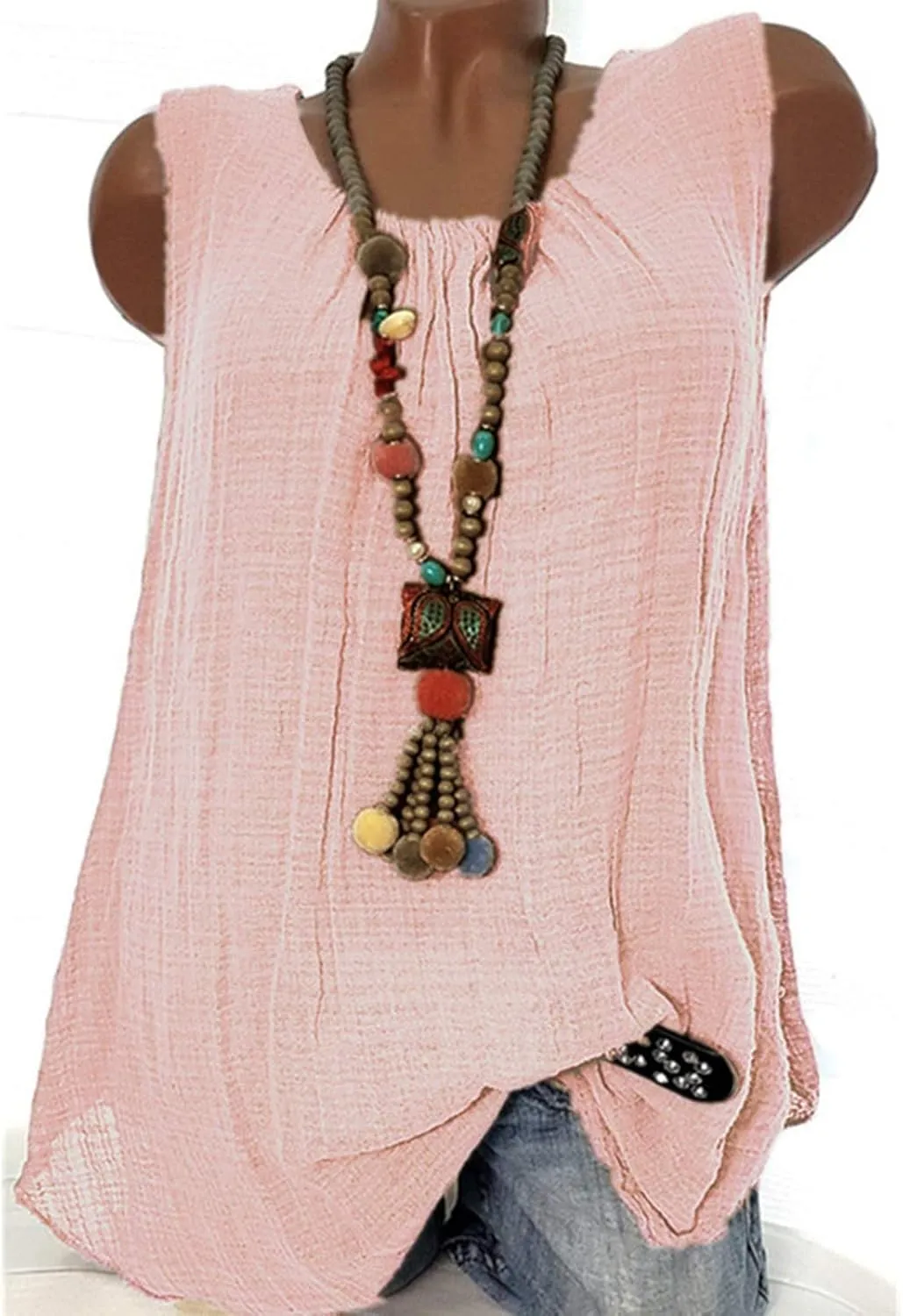 Linen Tank Tops for Women 2025 Summer Vacation Tunic Ladies Loose Sleeveless Blouse Lightweight Round Neck Shirts