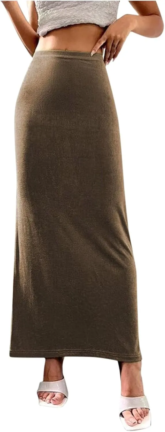 Lmdudan Women's Solid Color High Waist Maxi Skirt Casual Bodycon Long Pencil Skirt Plus Size Maxi Skirts Beach Party Skirts