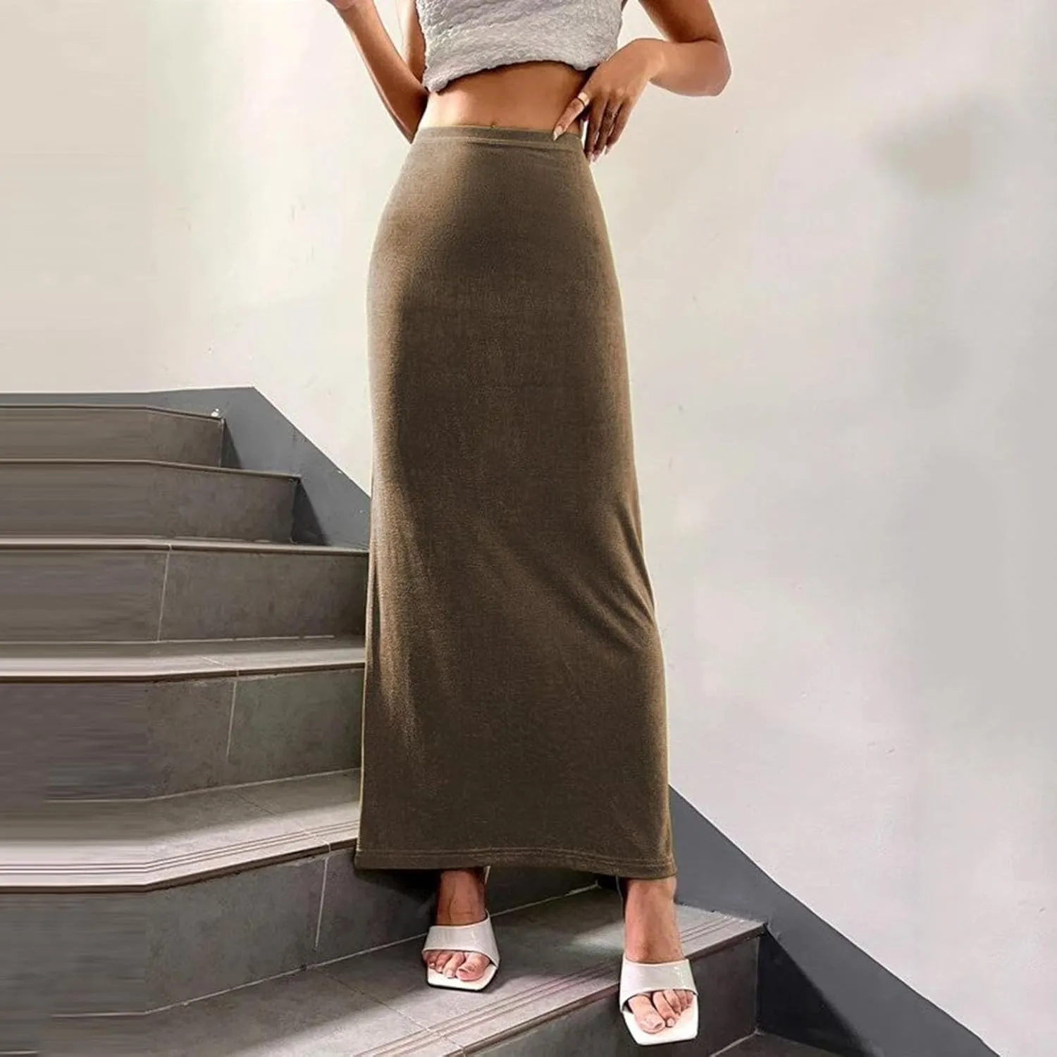 Lmdudan Women's Solid Color High Waist Maxi Skirt Casual Bodycon Long Pencil Skirt Plus Size Maxi Skirts Beach Party Skirts