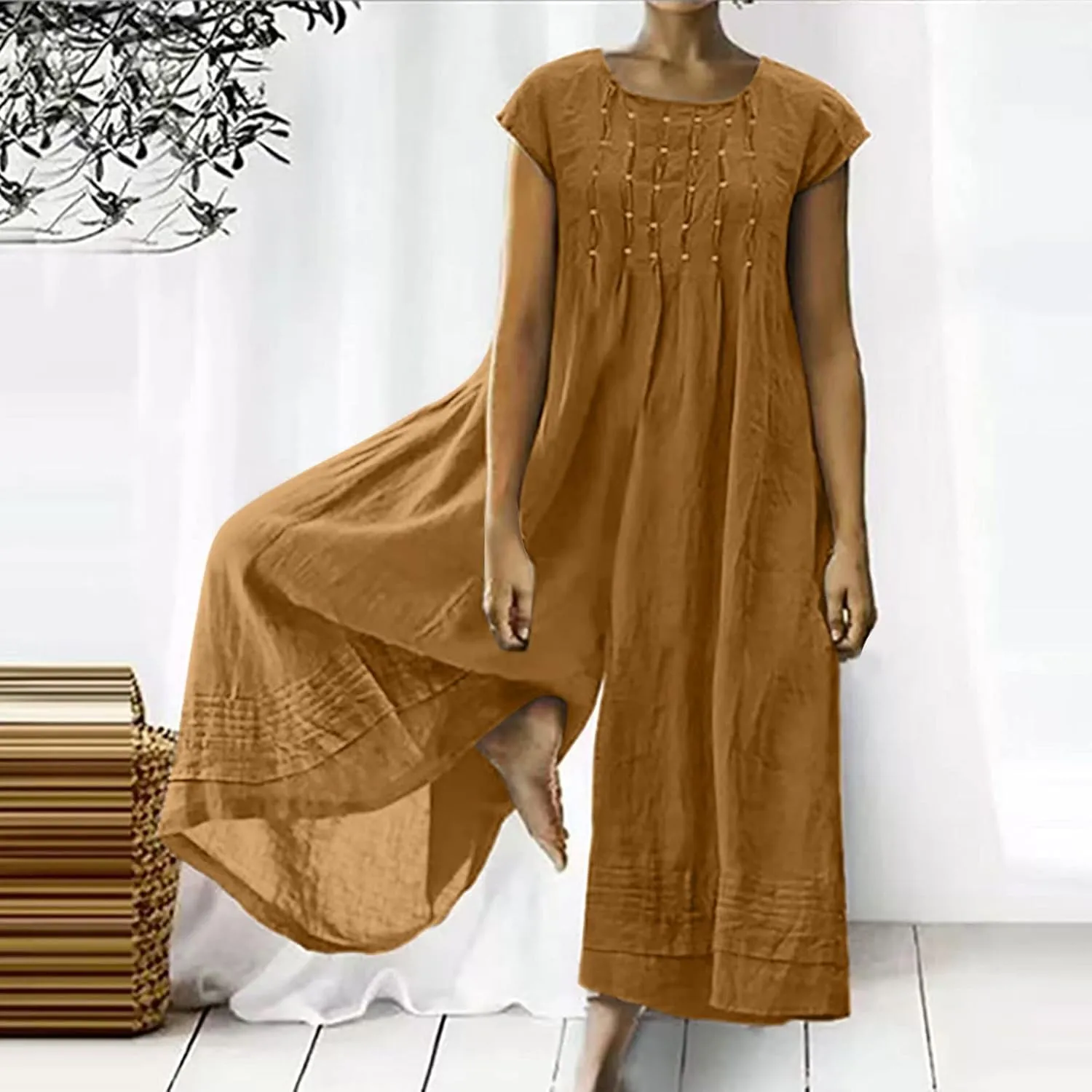 Loose Fit Pants for Women Fall Summer Linen Straight Leg Plain Long Leg Overalls Pants Rompers Women 2024 Fashion
